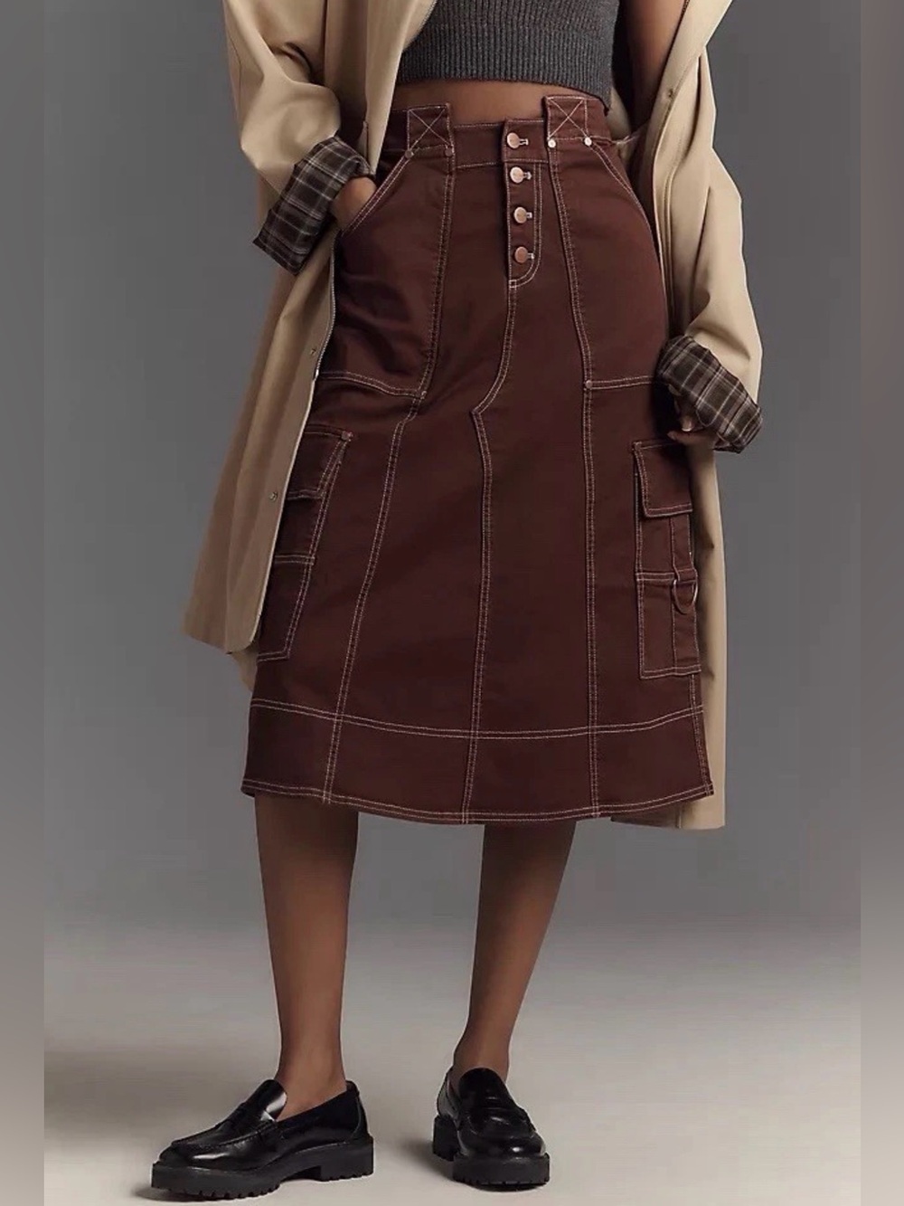 ANTHROPOLOGIE Pilcro Reworked Utility Midi Skirt in Brown 4